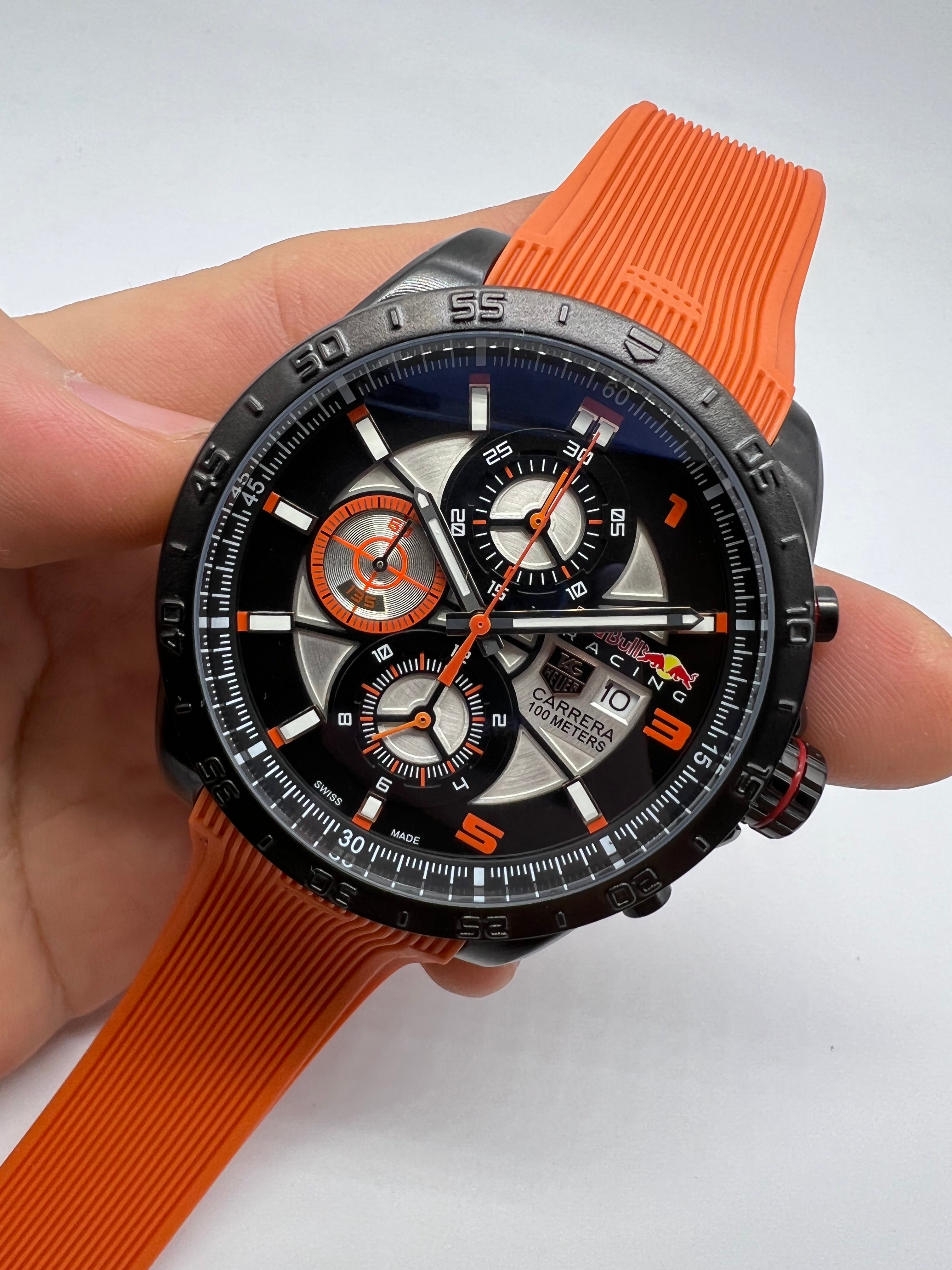 TAG Heuer Carrera Red Bull Racing Special Edition 100M Black, Silver and Orange with Orange Rubber Strap — Tag Heuer