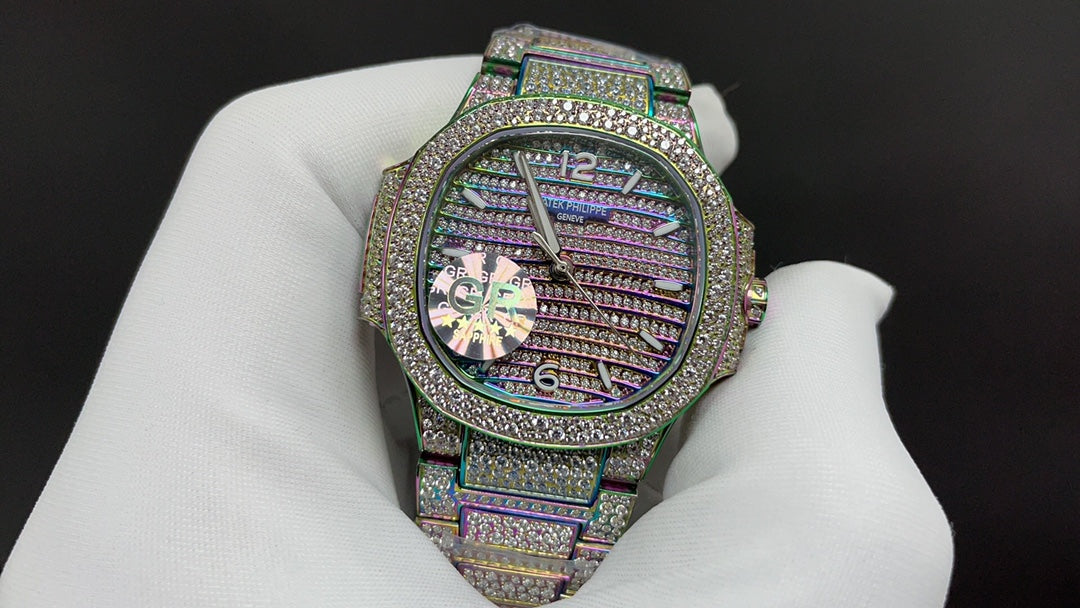 Patek Philippe Nautilus 7010R/7010A estilo “Rainbow Iced” (aftermarket)