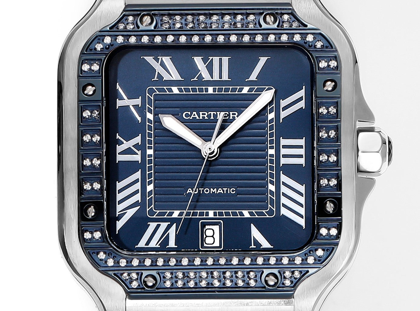 Cartier Santos (aço com mostrador azul e diamantes) — Cartier