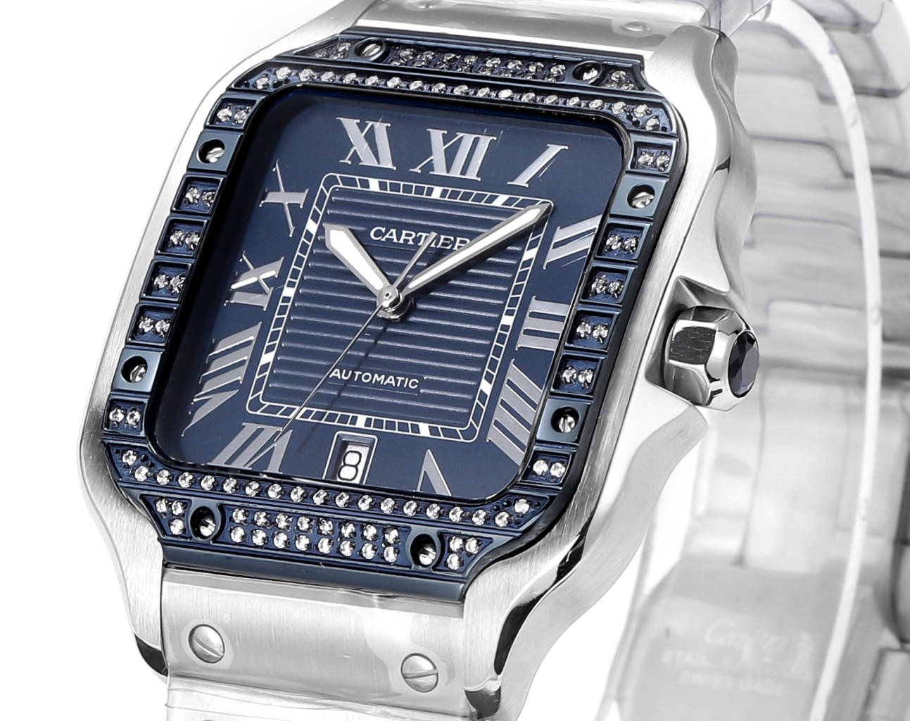 Cartier Santos (aço com mostrador azul e diamantes) — Cartier